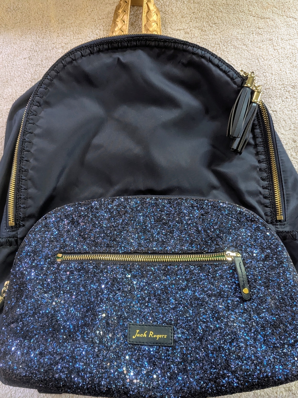 Jack Rogers Navy Nylon & Midnight Blue Glitter Dome Backpack - Flawless $45